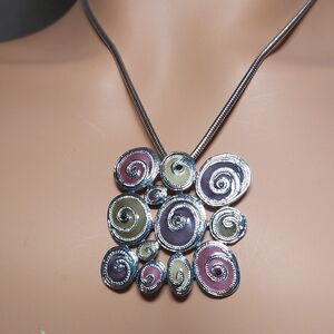 Passion Enamel Swirl Square Pendant Silvertone Necklace